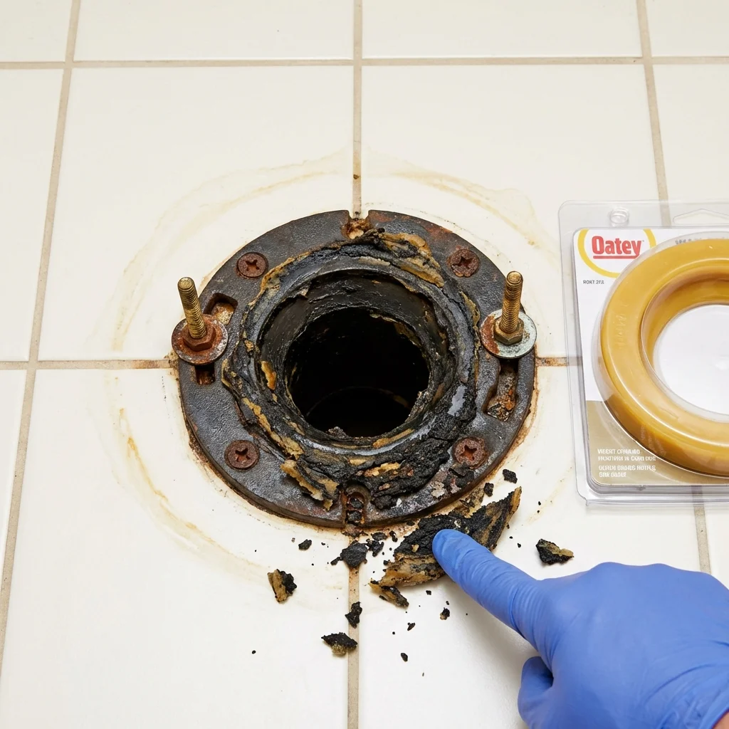 Failed wax ring showing water seepage at the base of a toilet in a Boone, NC home